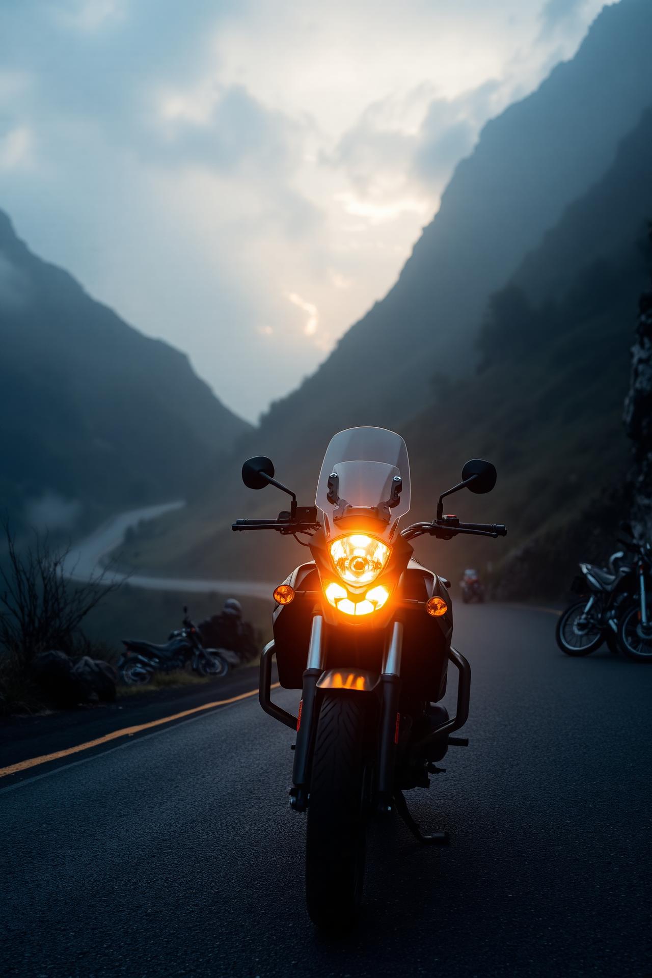 Motociclista em estrada de montanha ao amanhecer